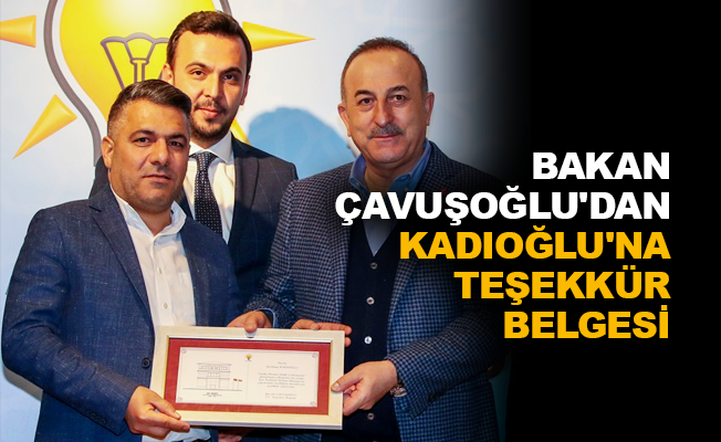 Bakan Çavuşoğlu’dan Kadıoğlu’na teşekkür belgesi